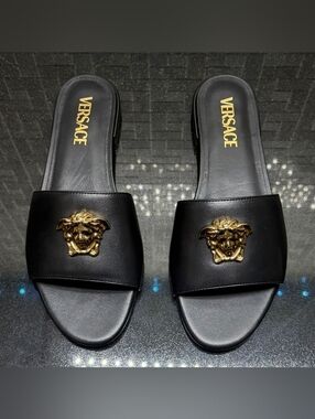 Versace Medusa Slide Sandals Black Leather Gold Logo Womens EU 38 US 8 New